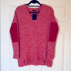 ATM COLLECTION Pink Red Wool/Mohair Knit V Neck Sweater Leather Elbow Patch S